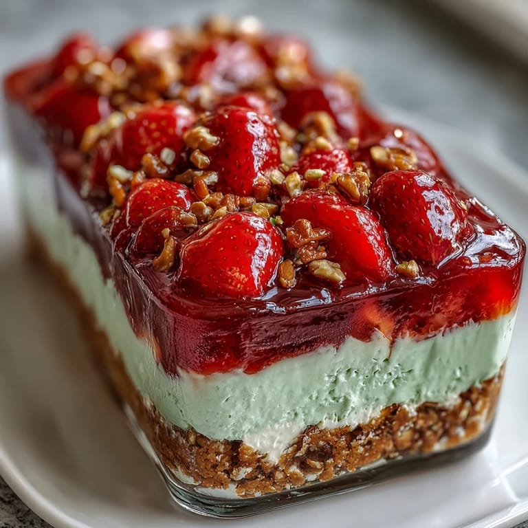 Close-up of a slice of Pistachio Strawberry Pretzel Jello Salad showing colorful layers.