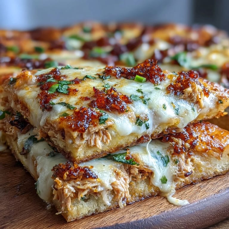 Delicious chili crisp tuna melt flatbread boasting gooey cheese and vibrant toppings.