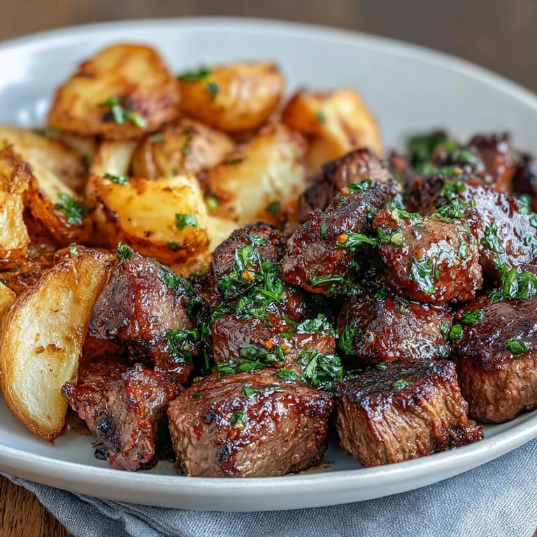 Golden-brown Garlic Butter Steak Bites and Potatoes ready for serving.