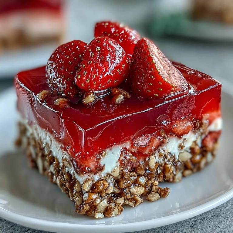 A delightful bite of Strawberry Pretzel Jello Salad, ready for serving.