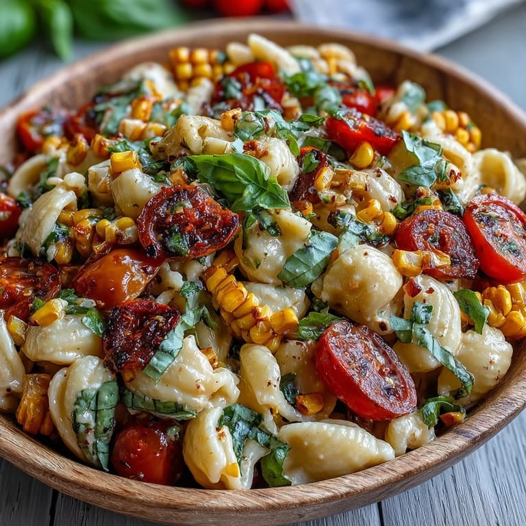 Colorful Summer Corn and Tomato Pasta Salad, a refreshing vegetarian side dish.