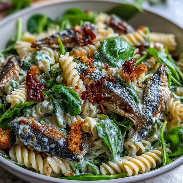 Delicious Sardine Caesar Pasta Salad with creamy dressing and crunchy croutons, ready to serve.
