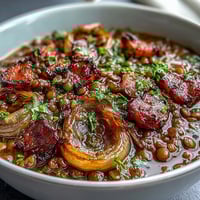 A steaming bowl of one-pot ham, onion, and lentil stew, rich with tender lentils and smoky ham chunks.