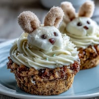 Easter Bunny Carrot Cake Cupcakes topped with fluffy cream cheese frosting and decorated as cute bunny faces for spring celebrations.  