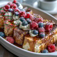 Fluffy pancake casserole layered with fresh berries and creamy custard, baked golden and dusted with powdered sugar for a festive Mothers Day brunch.
