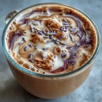 A creamy lavender oat milk latte with fragrant floral notes and a hint of sweetness, perfect for a cozy morning or afternoon break.