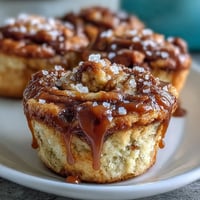 Golden Caramel Cream Cheese Swirl Muffins drizzled with extra sauce and stacked on a wooden board.
