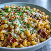 Close-up of One-Pot Tex-Mex Chili Mac with Corn bubbling under a golden cheese topping, steam rising. 