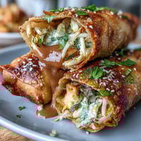 Crispy spring rolls with peanut sauce: golden, crunchy rolls filled with fresh vegetables and noodles, served with a creamy, nutty dipping sauce. Perfect appetizer for gatherings or a light meal.