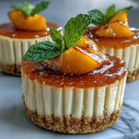 Creamy Peach Bellini Jello Cheesecake Cups with prosecco shimmer.