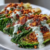 Roasted cabbage wedges coated in creamy Caesar dressing, topped with croutons.